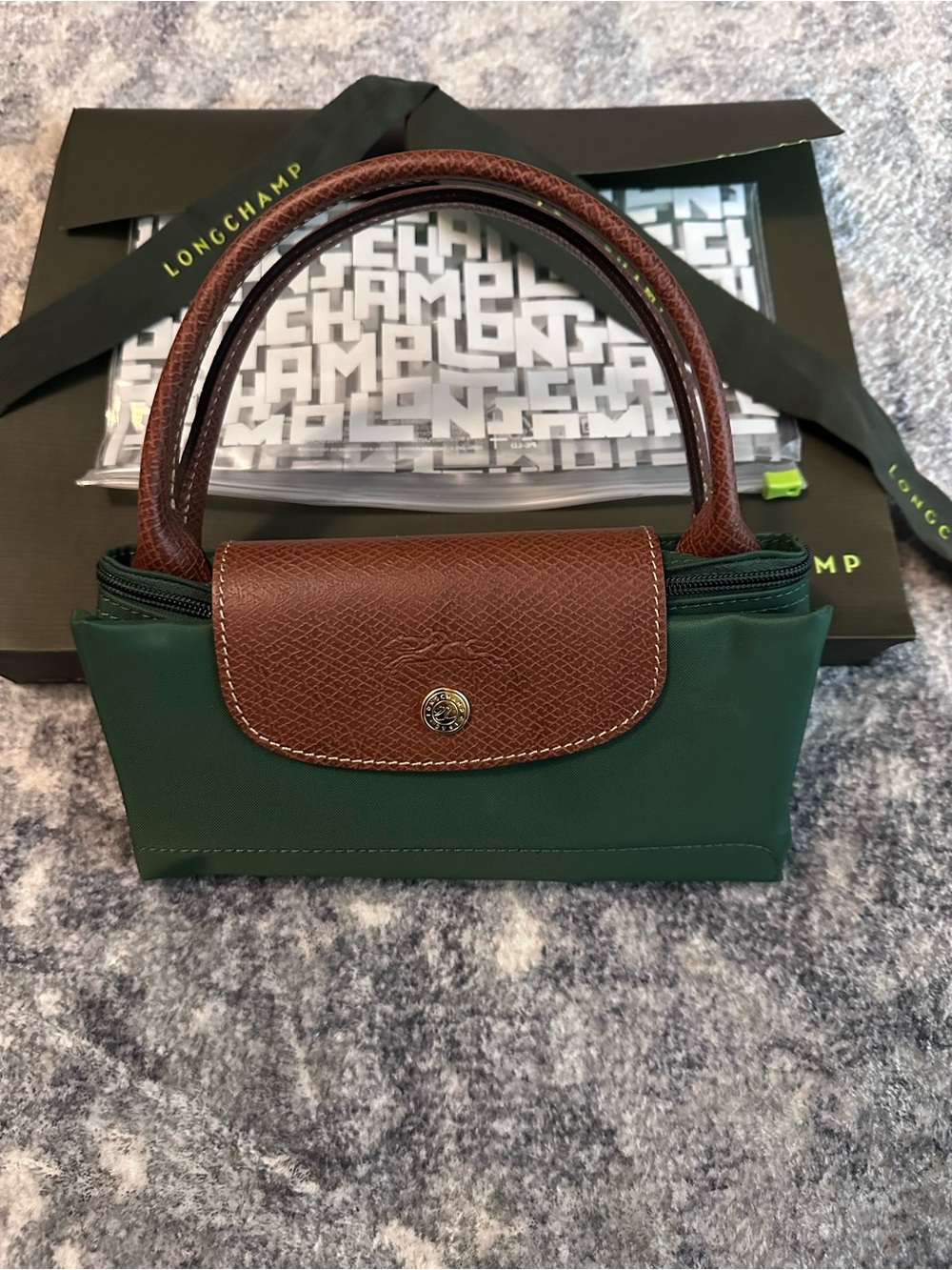 Longchamp Mini Top-Handle Tote in Green and Brown